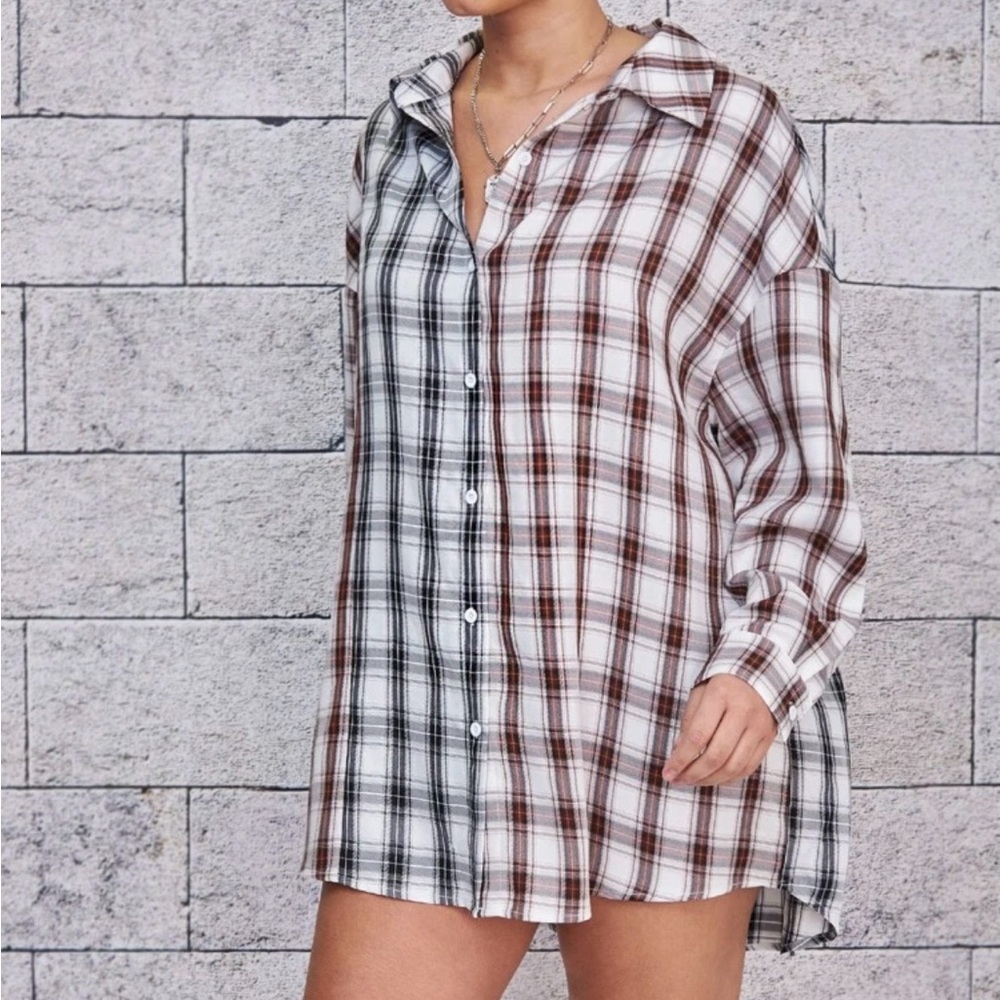 Tartan Drop High Low Hem Button Down Top